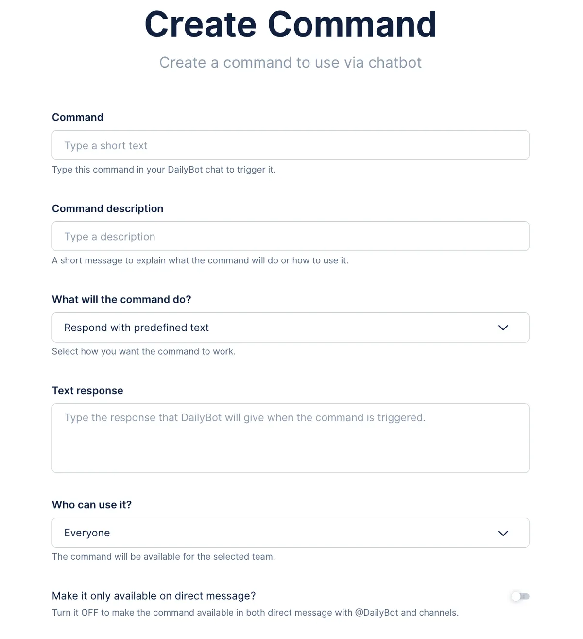 Command creation screen in Dailybot
