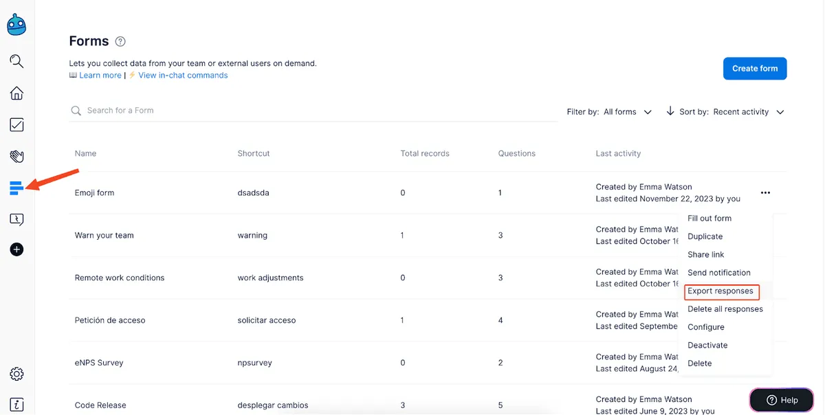 Forms list in Dailybot web app