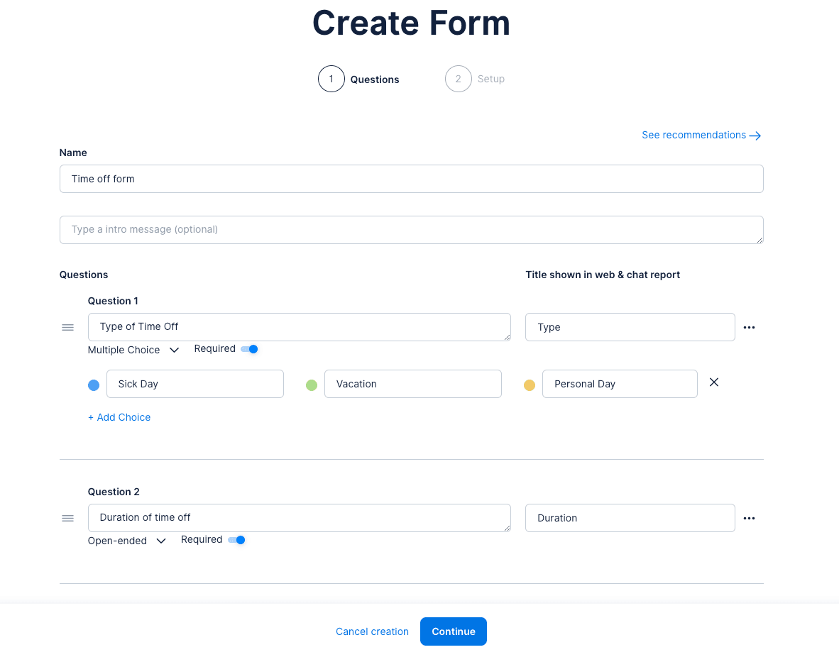 Configuring form questions in Dailybot