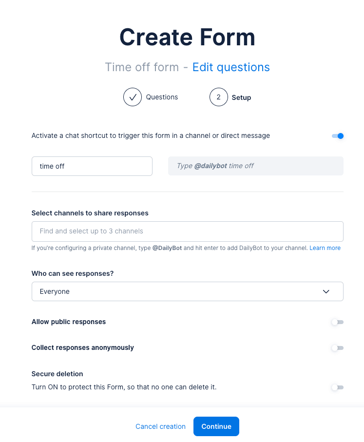 Advanced form settings in Dailybot