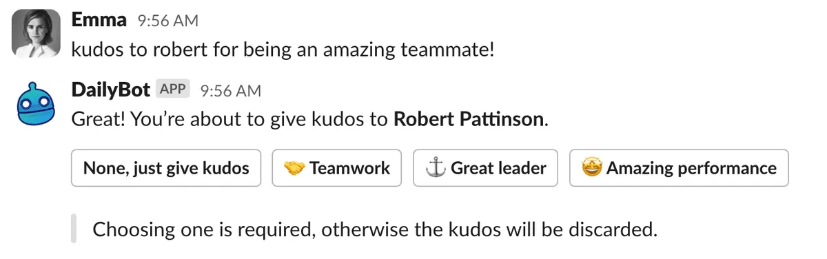 Giving Kudos to a teammate in Dailybot