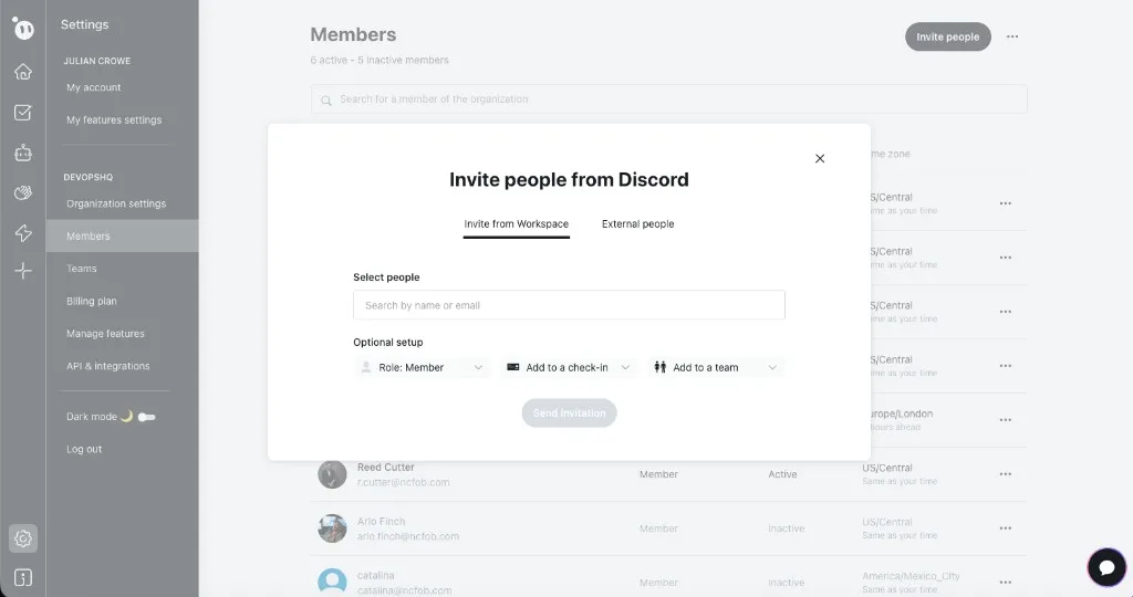 Invite people from Discord dialog showing workspace members, role assignment, and optional check-in and team setup